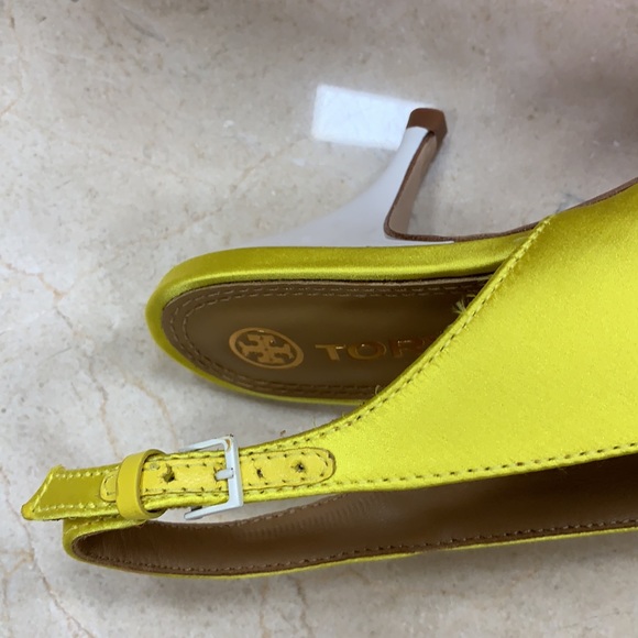 HOST PIC TORY BURCH SATIN SLINGBACK PUMP ACIDIC YELLOW WHITE PATENT HEEL SIZE 8 - Picture 14 of 15